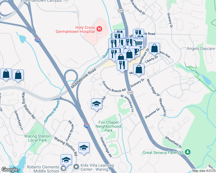 map of restaurants, bars, coffee shops, grocery stores, and more near 19525 Gunners Branch Road in Germantown