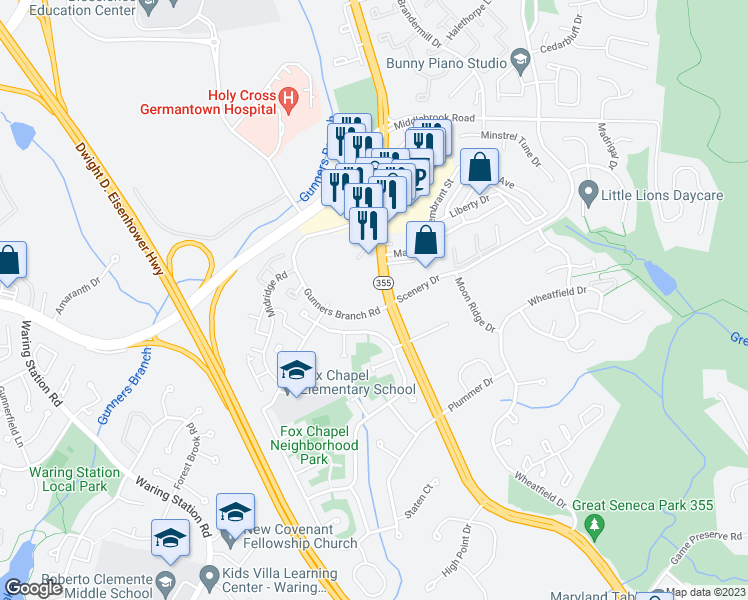 map of restaurants, bars, coffee shops, grocery stores, and more near 19500 Frederick Road in Germantown
