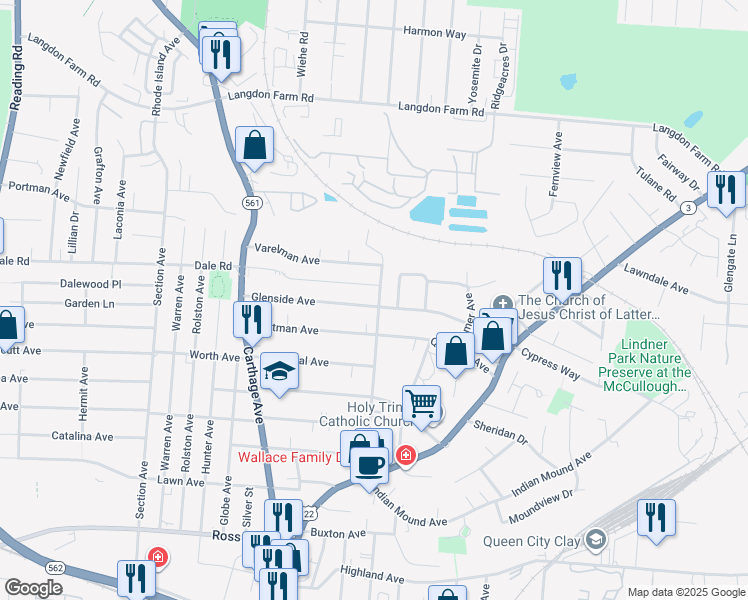 map of restaurants, bars, coffee shops, grocery stores, and more near 2240 Glenside Avenue in Cincinnati