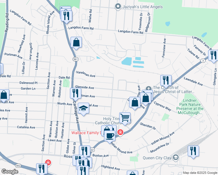 map of restaurants, bars, coffee shops, grocery stores, and more near 2240 Glenside Avenue in Cincinnati