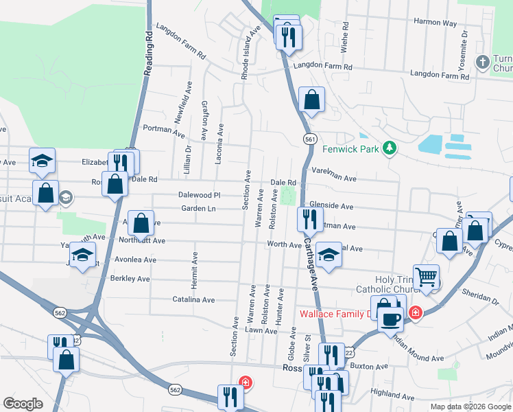 map of restaurants, bars, coffee shops, grocery stores, and more near 5512 Section Avenue in Cincinnati