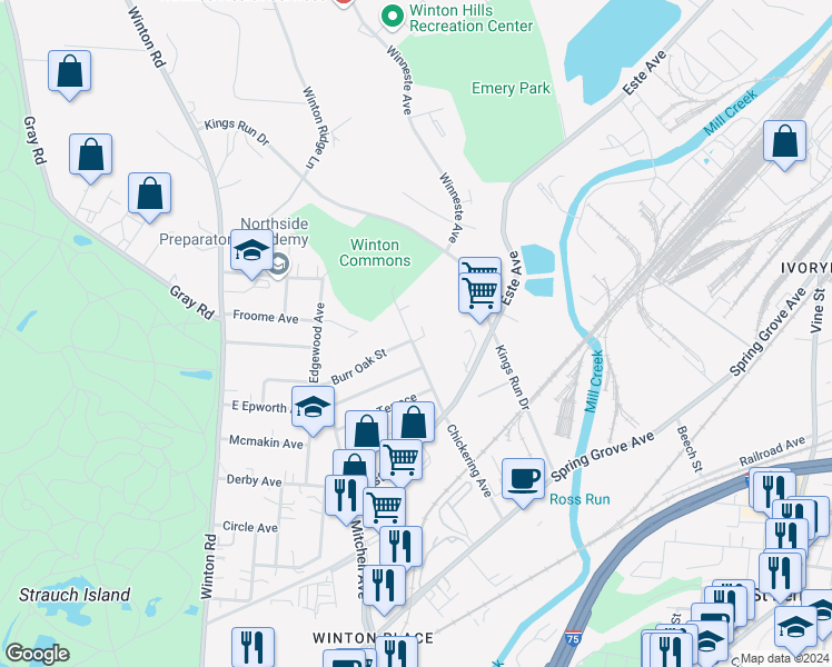 map of restaurants, bars, coffee shops, grocery stores, and more near 4730 Chickering Avenue in Cincinnati