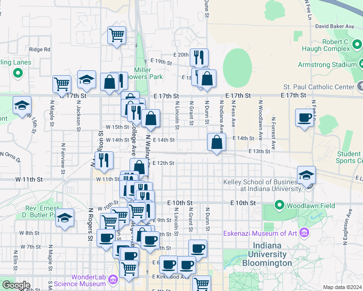 map of restaurants, bars, coffee shops, grocery stores, and more near 301 East Brownstone Drive in Bloomington