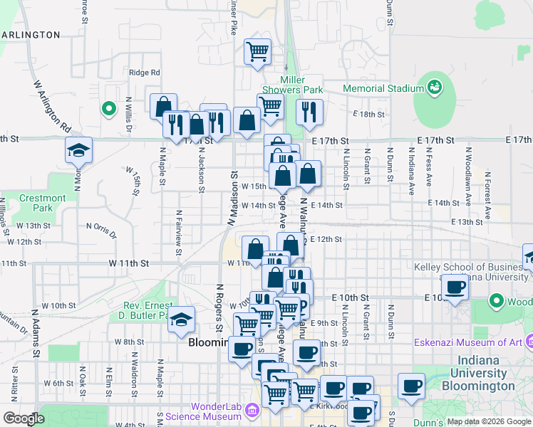 map of restaurants, bars, coffee shops, grocery stores, and more near 307 West 13th Street in Bloomington