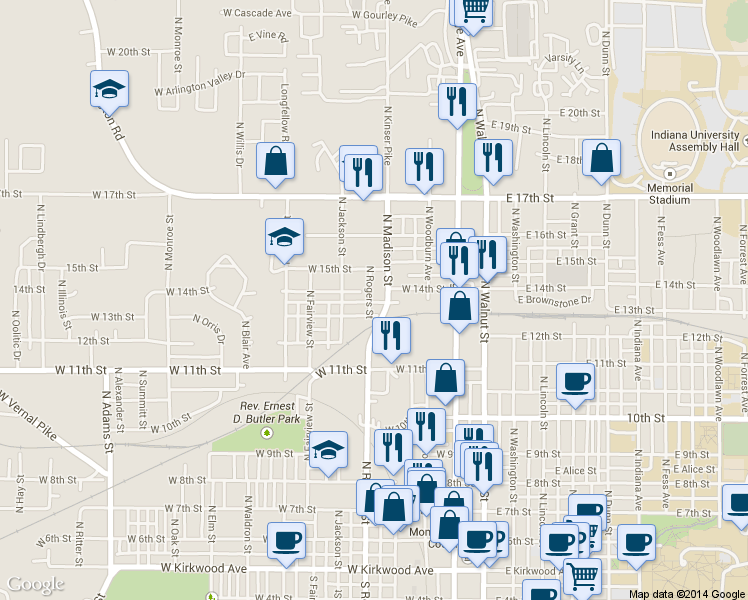 map of restaurants, bars, coffee shops, grocery stores, and more near 911 North Madison Street in Bloomington