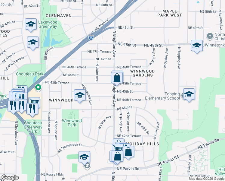map of restaurants, bars, coffee shops, grocery stores, and more near 5005 Northeast 45th Street in Kansas City