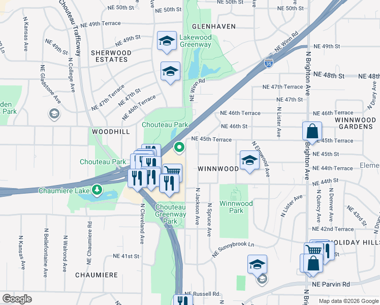 map of restaurants, bars, coffee shops, grocery stores, and more near 4505 Northeast Winn Road in Kansas City