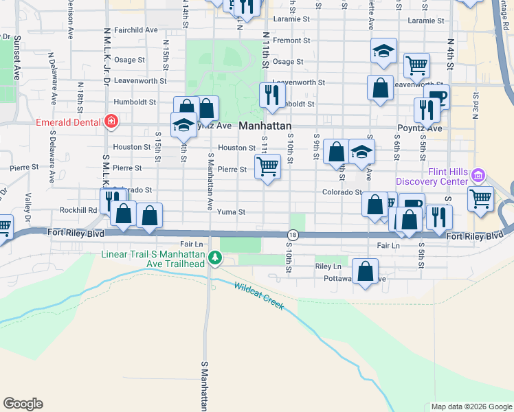map of restaurants, bars, coffee shops, grocery stores, and more near 1120 Yuma Street in Manhattan