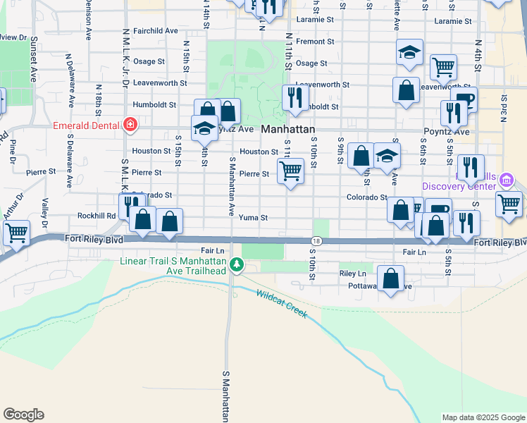 map of restaurants, bars, coffee shops, grocery stores, and more near 1120 Yuma Street in Manhattan