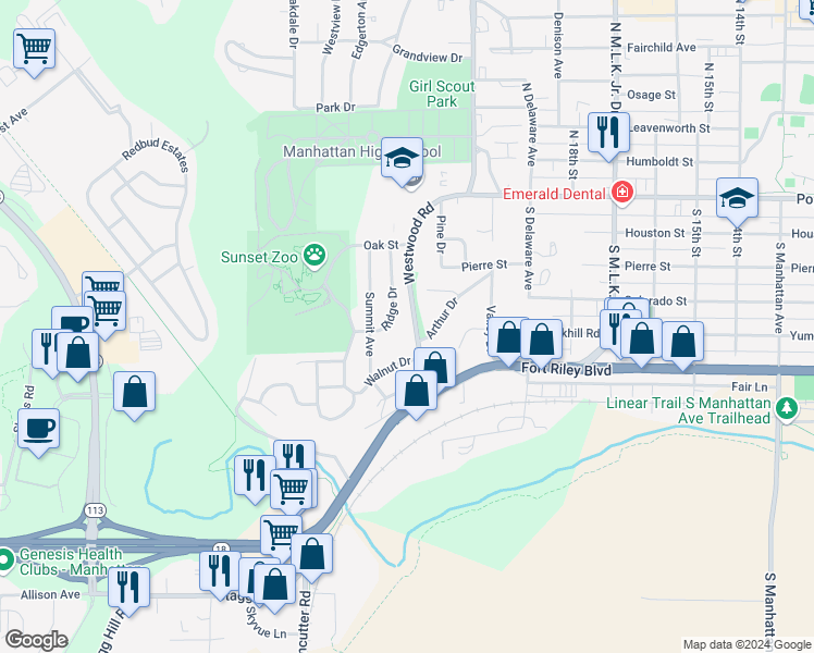 map of restaurants, bars, coffee shops, grocery stores, and more near 246 Westwood Road in Manhattan