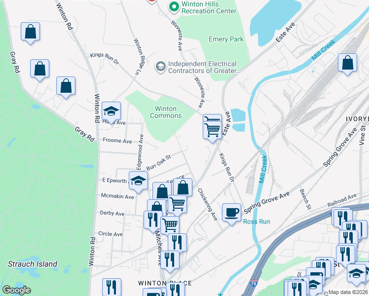 map of restaurants, bars, coffee shops, grocery stores, and more near 4730 Chickering Avenue in Cincinnati