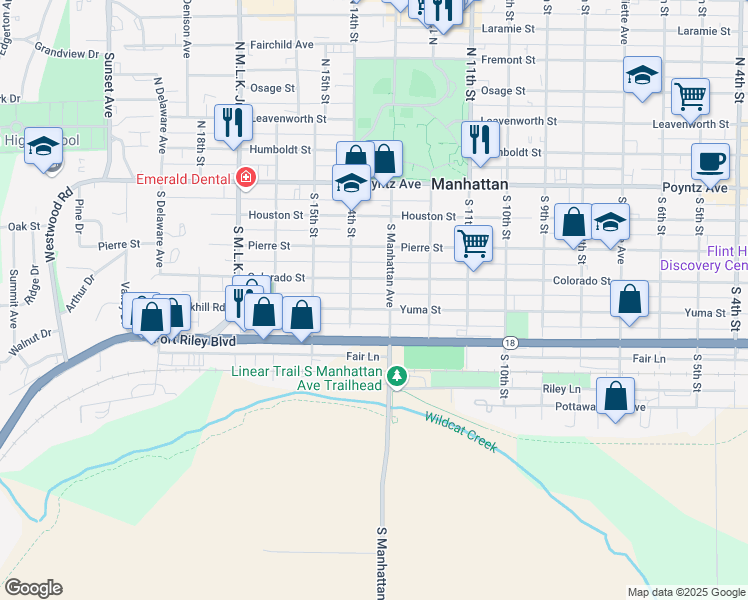 map of restaurants, bars, coffee shops, grocery stores, and more near 1312 Yuma Street in Manhattan