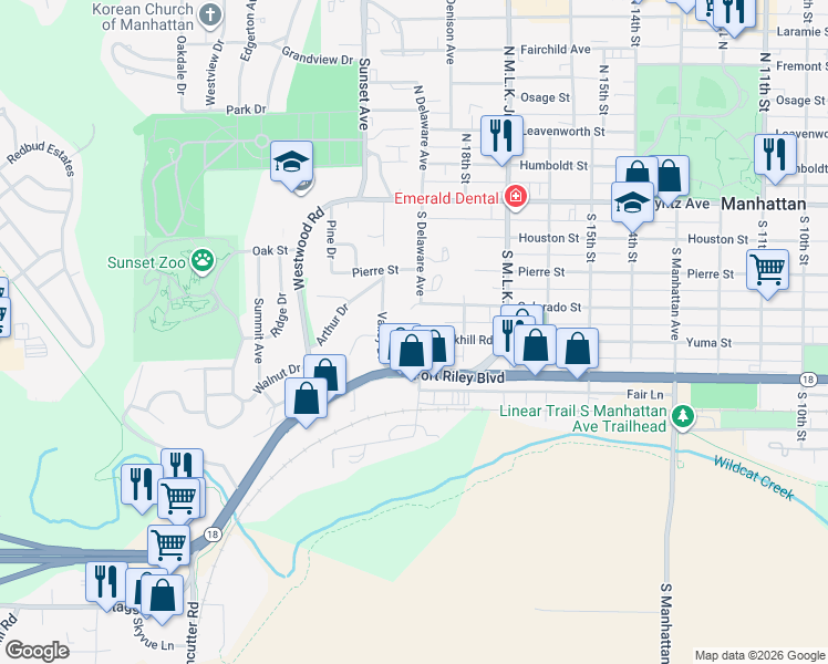 map of restaurants, bars, coffee shops, grocery stores, and more near 1830 Rockhill Road in Manhattan
