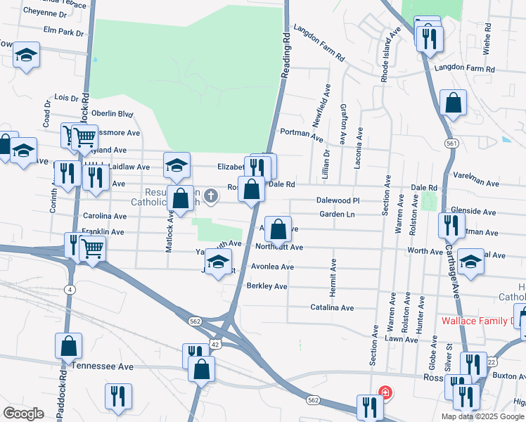 map of restaurants, bars, coffee shops, grocery stores, and more near 4890 Reading Road in Cincinnati