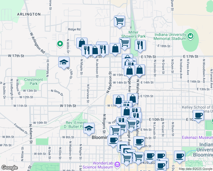 map of restaurants, bars, coffee shops, grocery stores, and more near 911 North Madison Street in Bloomington