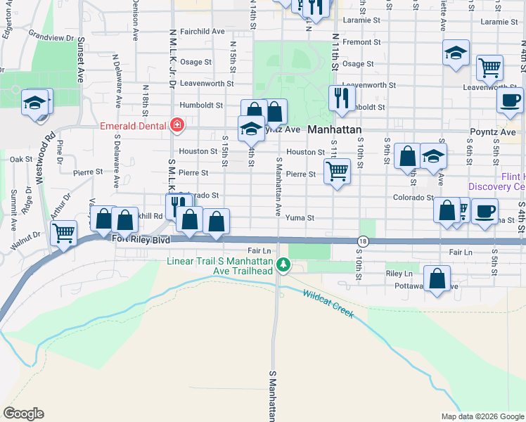 map of restaurants, bars, coffee shops, grocery stores, and more near 1312 Yuma Street in Manhattan