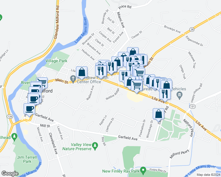 map of restaurants, bars, coffee shops, grocery stores, and more near 26 Robbie Ridge in Milford