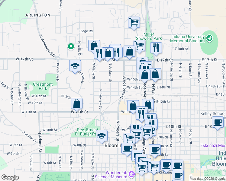map of restaurants, bars, coffee shops, grocery stores, and more near 914 North Jackson Street in Bloomington