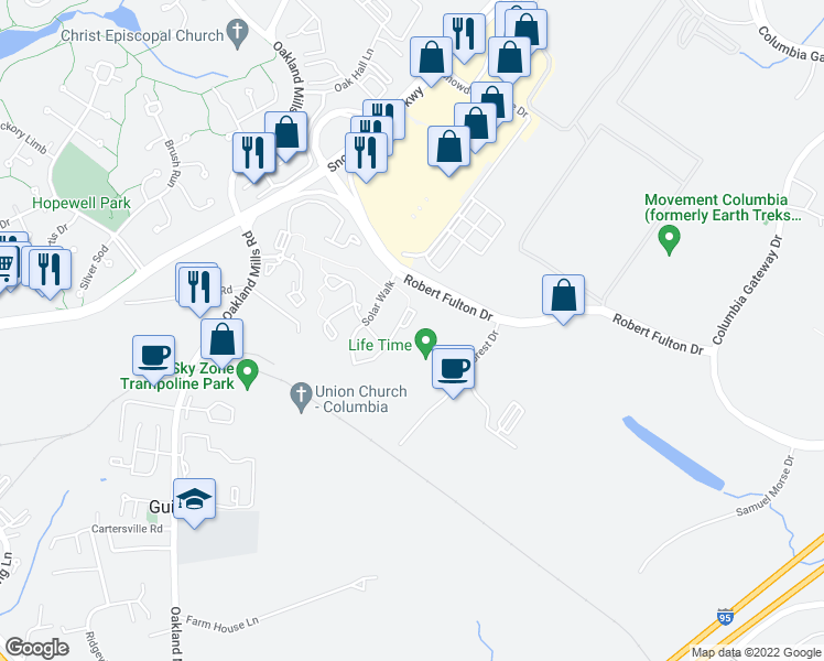 map of restaurants, bars, coffee shops, grocery stores, and more near 7270 Calm Sunset in Columbia