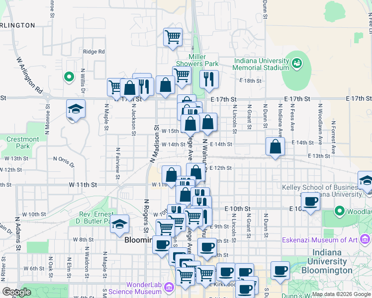 map of restaurants, bars, coffee shops, grocery stores, and more near 913 North College Avenue in Bloomington