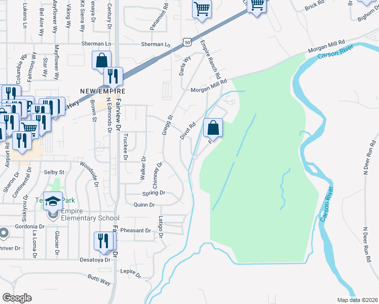 map of restaurants, bars, coffee shops, grocery stores, and more near 1654 Dogleg Road in Carson City
