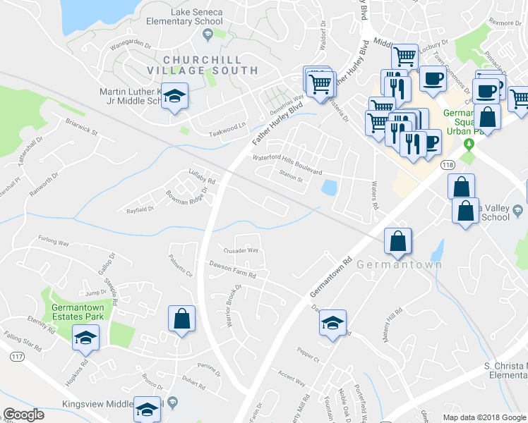 map of restaurants, bars, coffee shops, grocery stores, and more near 13684 Harvest Glen Way in Germantown