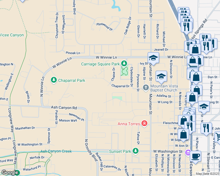 map of restaurants, bars, coffee shops, grocery stores, and more near 1720 Bolero Drive in Carson City