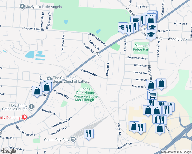 map of restaurants, bars, coffee shops, grocery stores, and more near 2819 Lawndale Avenue in Cincinnati