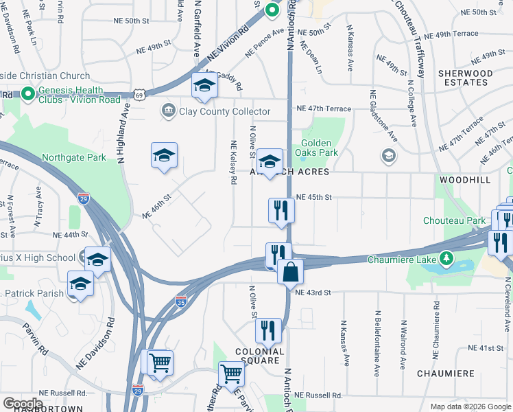 map of restaurants, bars, coffee shops, grocery stores, and more near 4501 North Olive Street in Kansas City