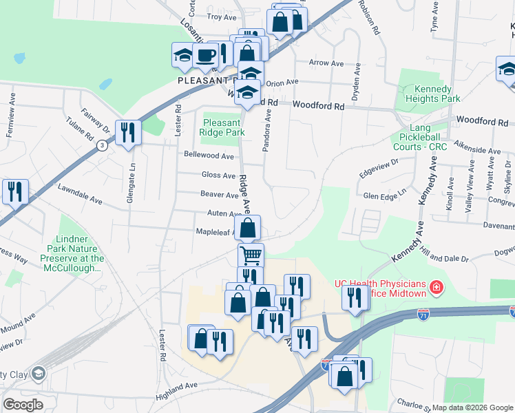 map of restaurants, bars, coffee shops, grocery stores, and more near 5753 Pandora Avenue in Cincinnati