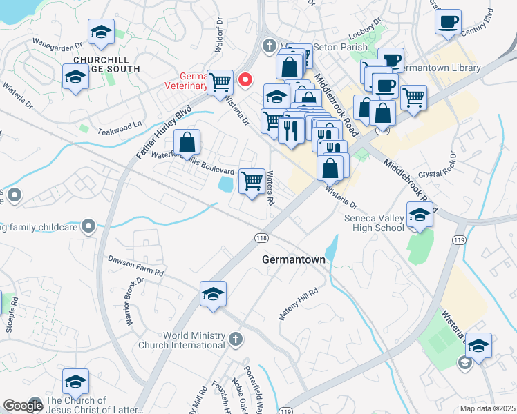 map of restaurants, bars, coffee shops, grocery stores, and more near 19520 Waters Road in Germantown