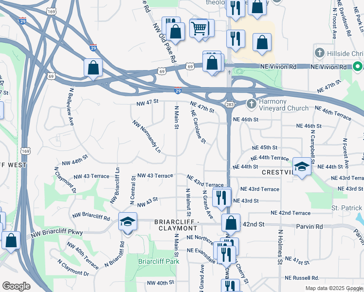 map of restaurants, bars, coffee shops, grocery stores, and more near 12 Northeast Normandy Lane in Kansas City