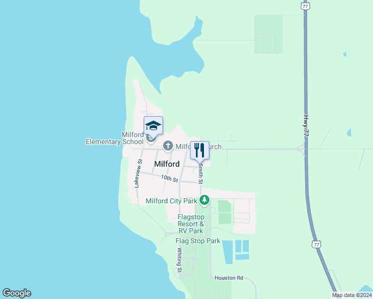 map of restaurants, bars, coffee shops, grocery stores, and more near 204 12th Street in Milford