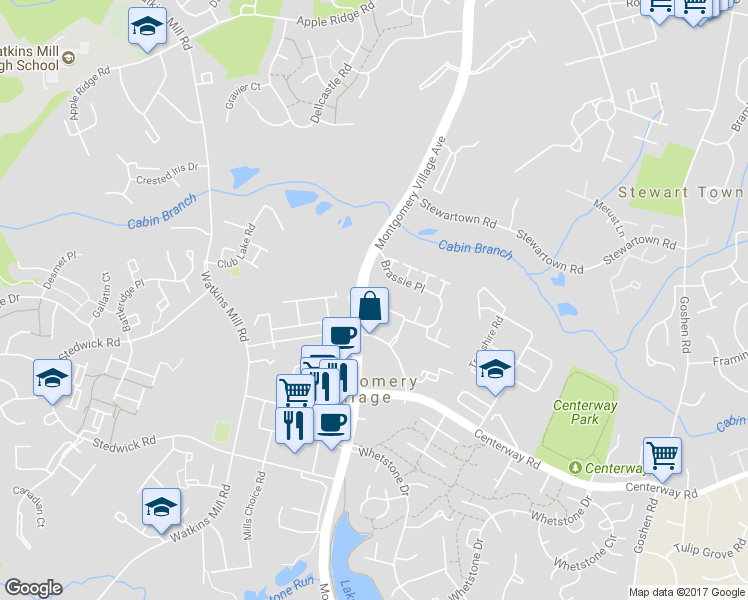 map of restaurants, bars, coffee shops, grocery stores, and more near 9809 Brassie Way in Gaithersburg