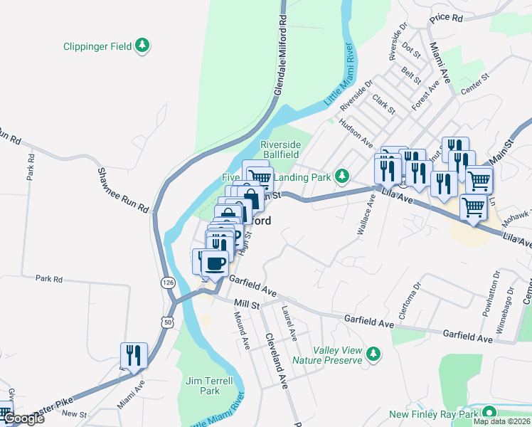map of restaurants, bars, coffee shops, grocery stores, and more near 406 High Street in Milford