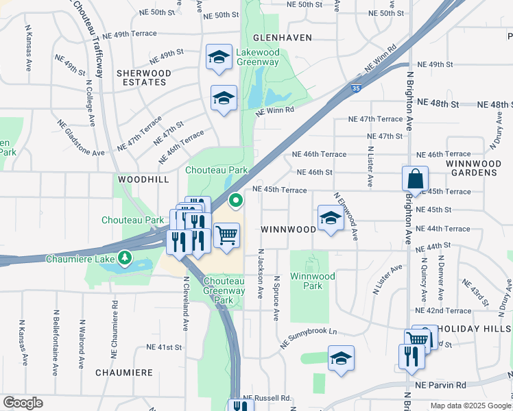 map of restaurants, bars, coffee shops, grocery stores, and more near 4505 Northeast Winn Road in Kansas City