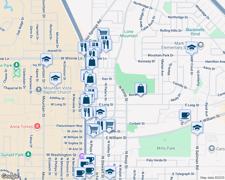 map of restaurants, bars, coffee shops, grocery stores, and more near 322 Burton Street in Carson City