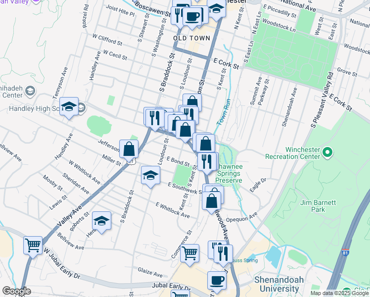 map of restaurants, bars, coffee shops, grocery stores, and more near 124 East James Street in Winchester