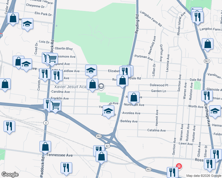 map of restaurants, bars, coffee shops, grocery stores, and more near 1628 Anita Place in Cincinnati
