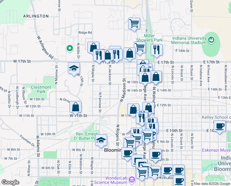 map of restaurants, bars, coffee shops, grocery stores, and more near 914 North Jackson Street in Bloomington
