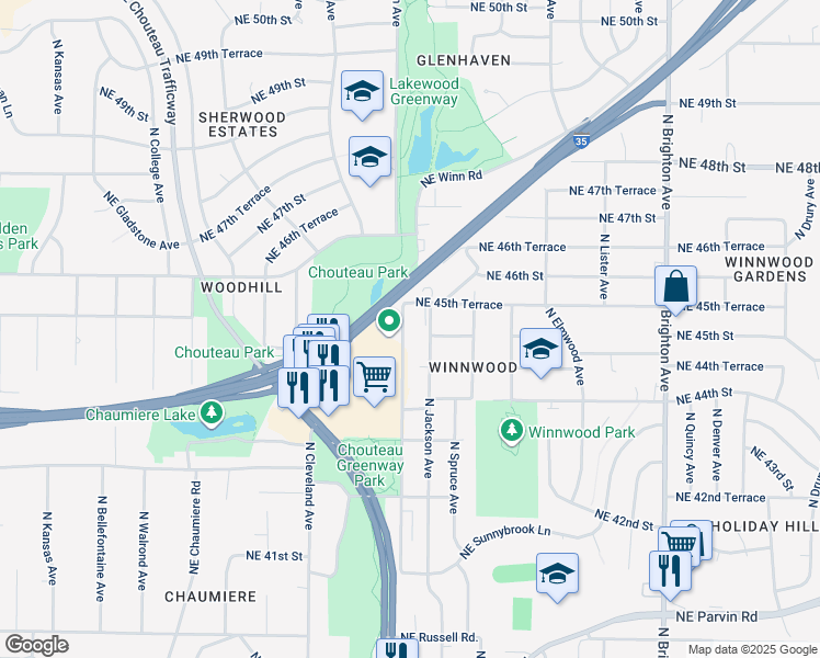 map of restaurants, bars, coffee shops, grocery stores, and more near 4505 Northeast Winn Road in Kansas City
