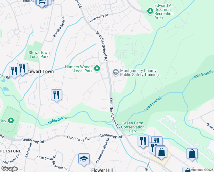 map of restaurants, bars, coffee shops, grocery stores, and more near 19573 Ridge Heights Drive in Gaithersburg