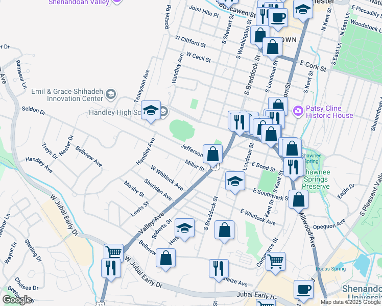 map of restaurants, bars, coffee shops, grocery stores, and more near 253 Jefferson Street in Winchester