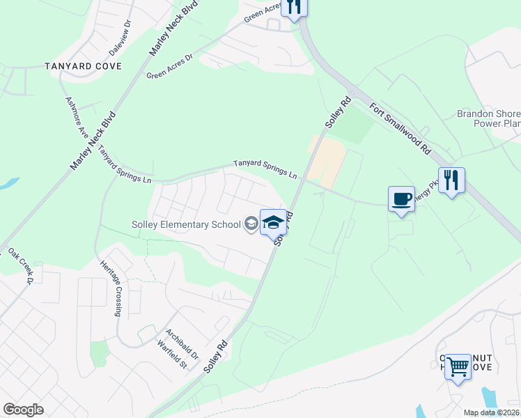 map of restaurants, bars, coffee shops, grocery stores, and more near 541 Bluffton Drive in Glen Burnie
