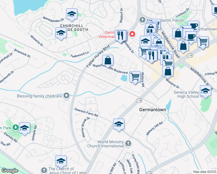 map of restaurants, bars, coffee shops, grocery stores, and more near 13652 Harvest Glen Way in Germantown