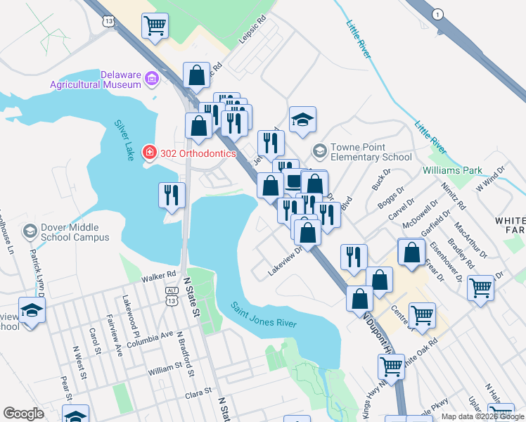 map of restaurants, bars, coffee shops, grocery stores, and more near 93 Chatham Court in Dover