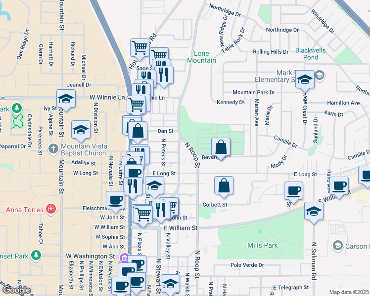 map of restaurants, bars, coffee shops, grocery stores, and more near 900 Beverly Drive in Carson City