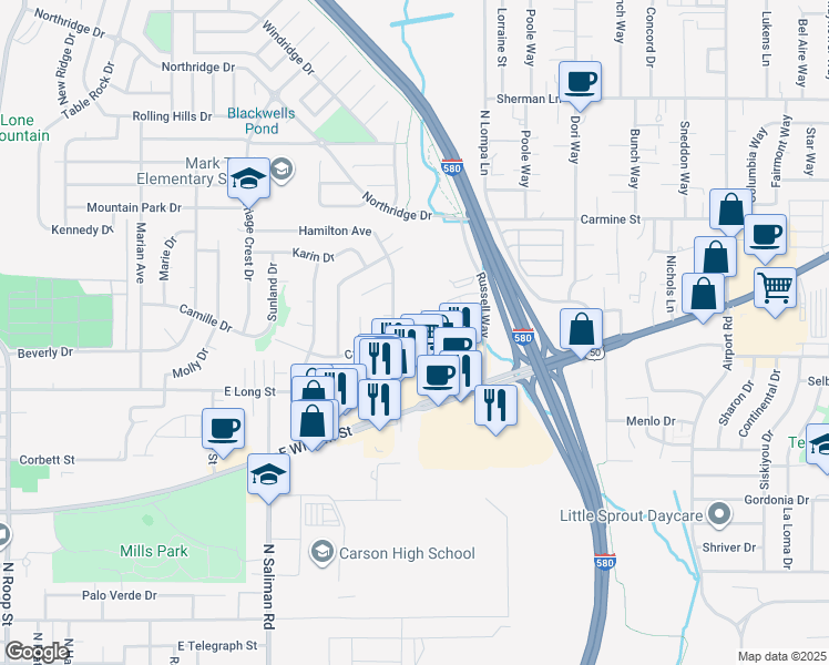 map of restaurants, bars, coffee shops, grocery stores, and more near 2120 East Long Street in Carson City