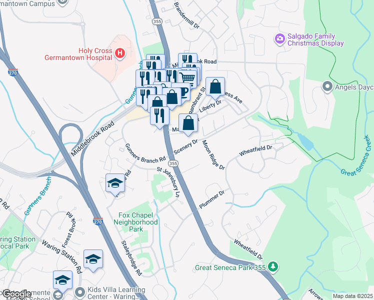 map of restaurants, bars, coffee shops, grocery stores, and more near 19521 Scenery Drive in Germantown