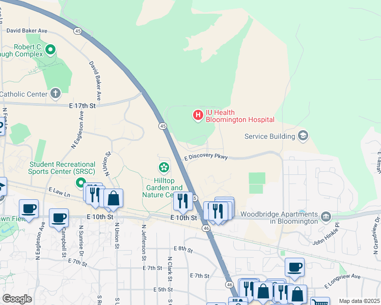 map of restaurants, bars, coffee shops, grocery stores, and more near 2631 East Discovery Parkway in Bloomington